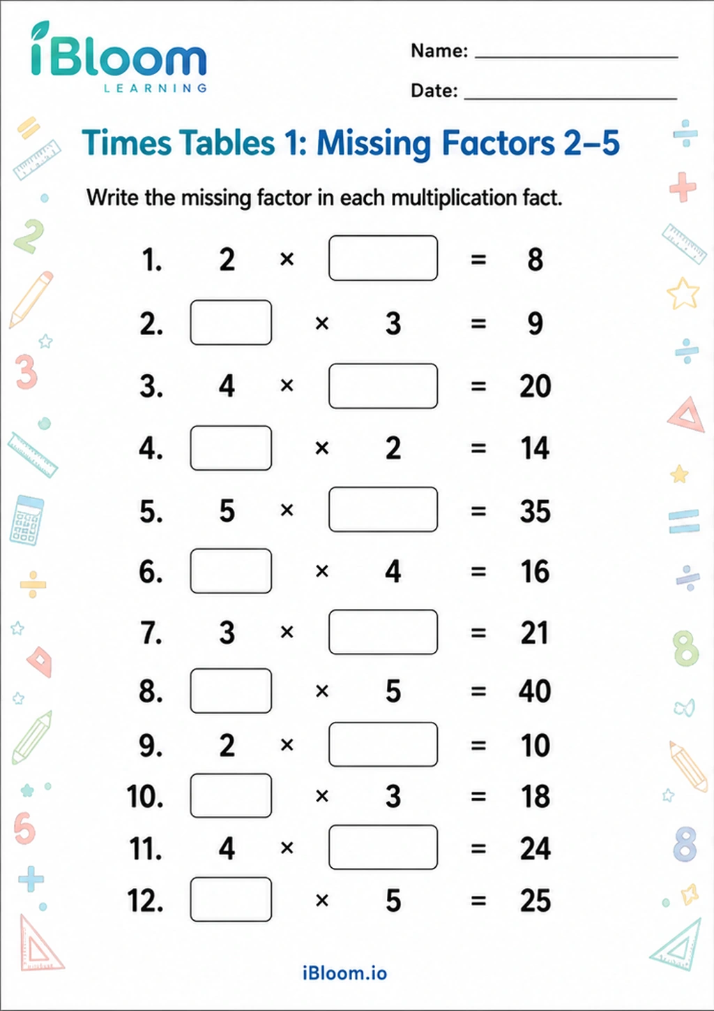 Preview page 1 of Times Tables 1: Missing Factors 2–5