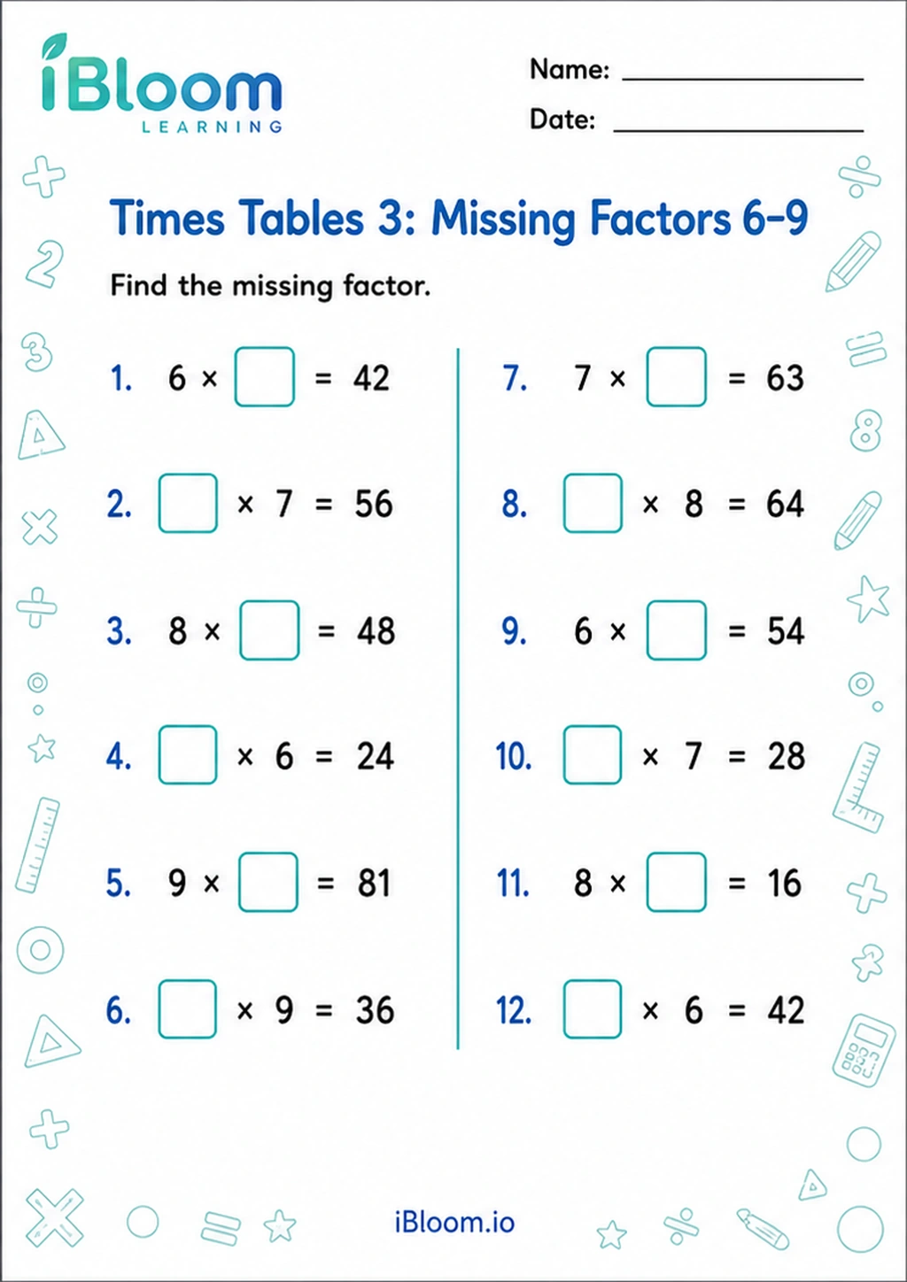 Preview page 1 of Times Tables 3: Missing Factors 6–9