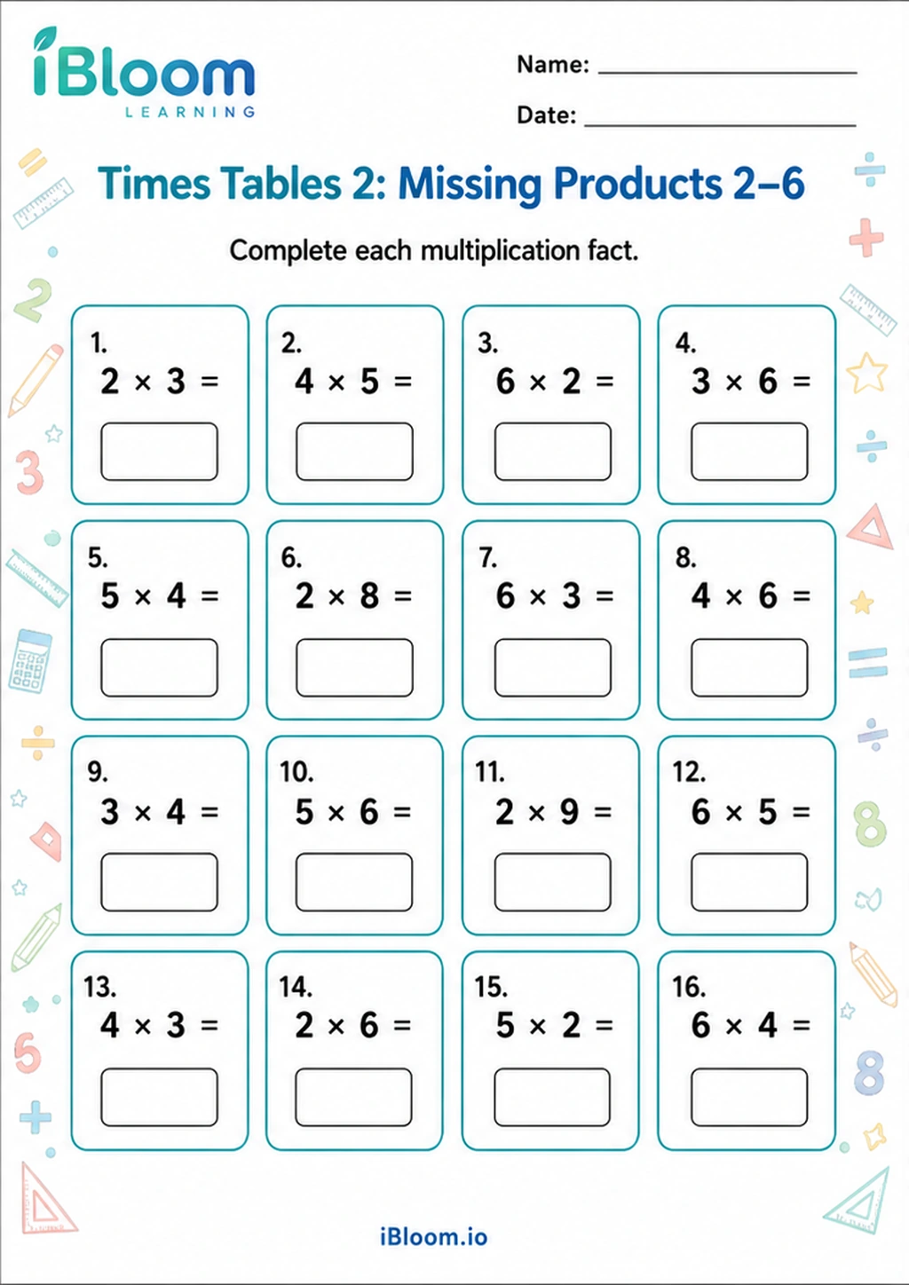 Preview page 1 of Times Tables 2: Missing Products 2–6