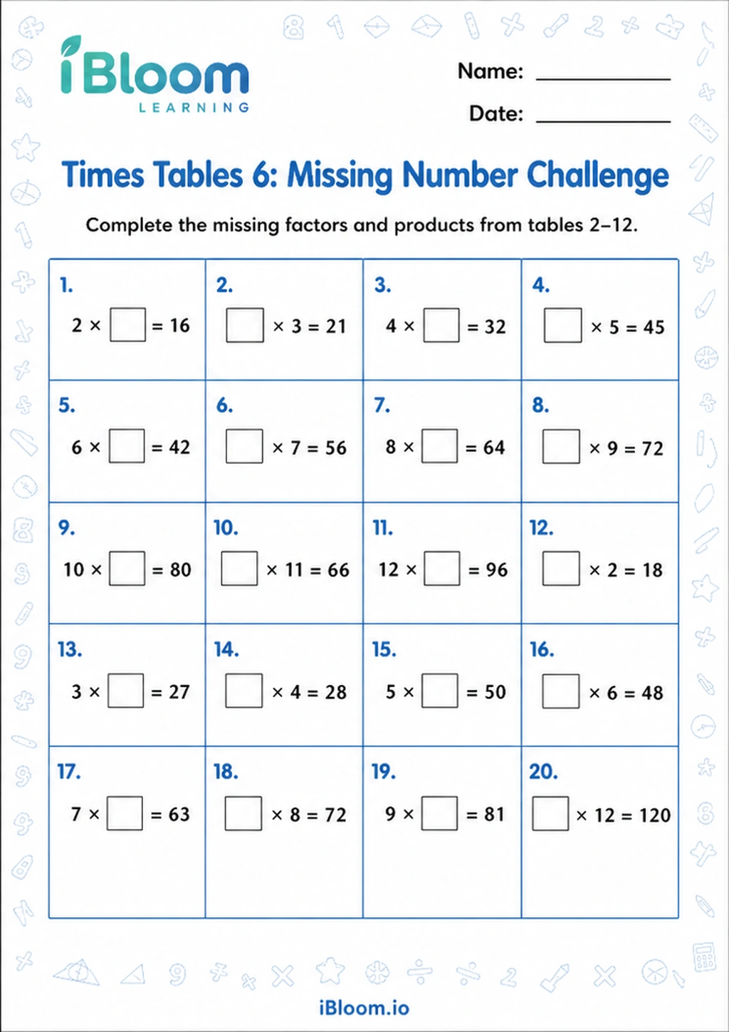 Preview of Times Tables 6: Missing Number Challenge worksheet