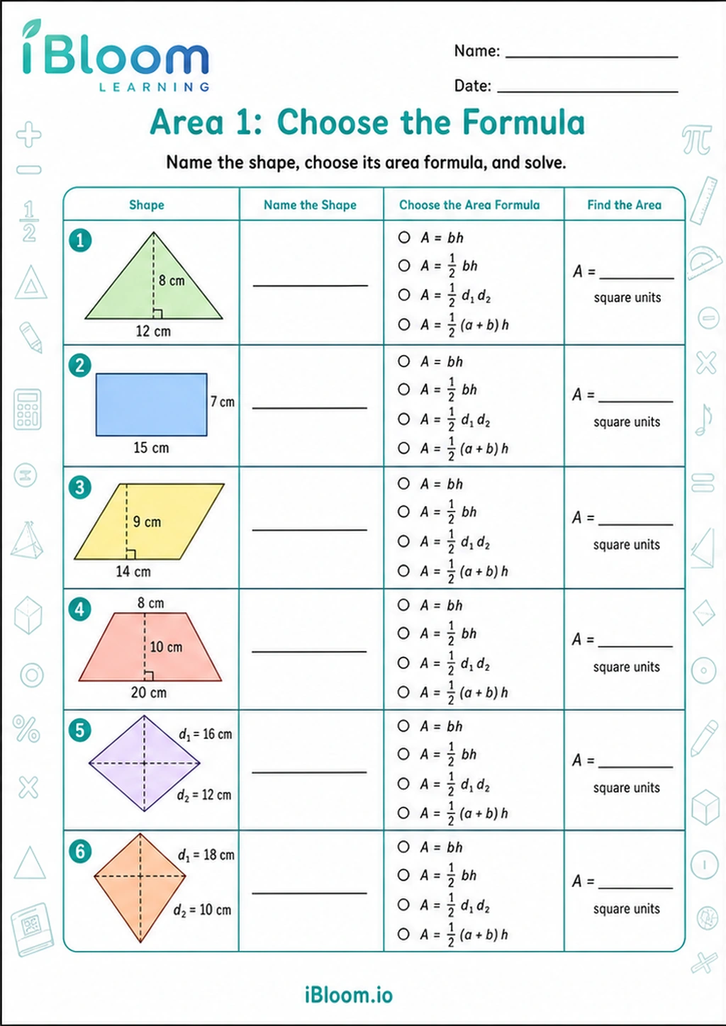 Preview of Area 1: Choose the Formula worksheet