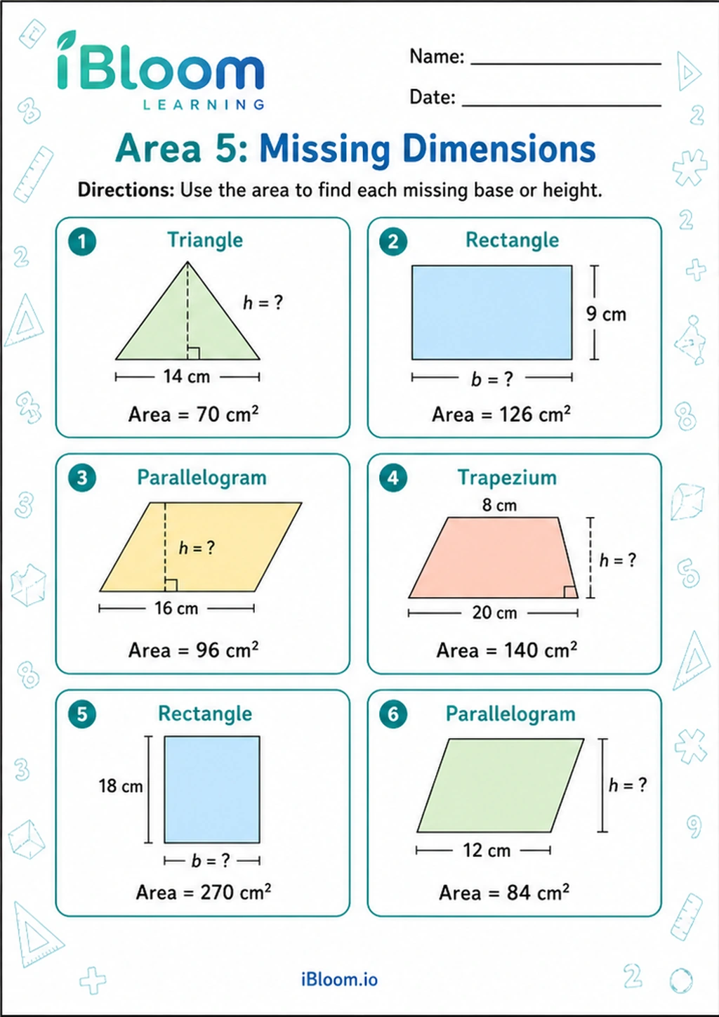 Preview of Area 5: Missing Dimensions worksheet