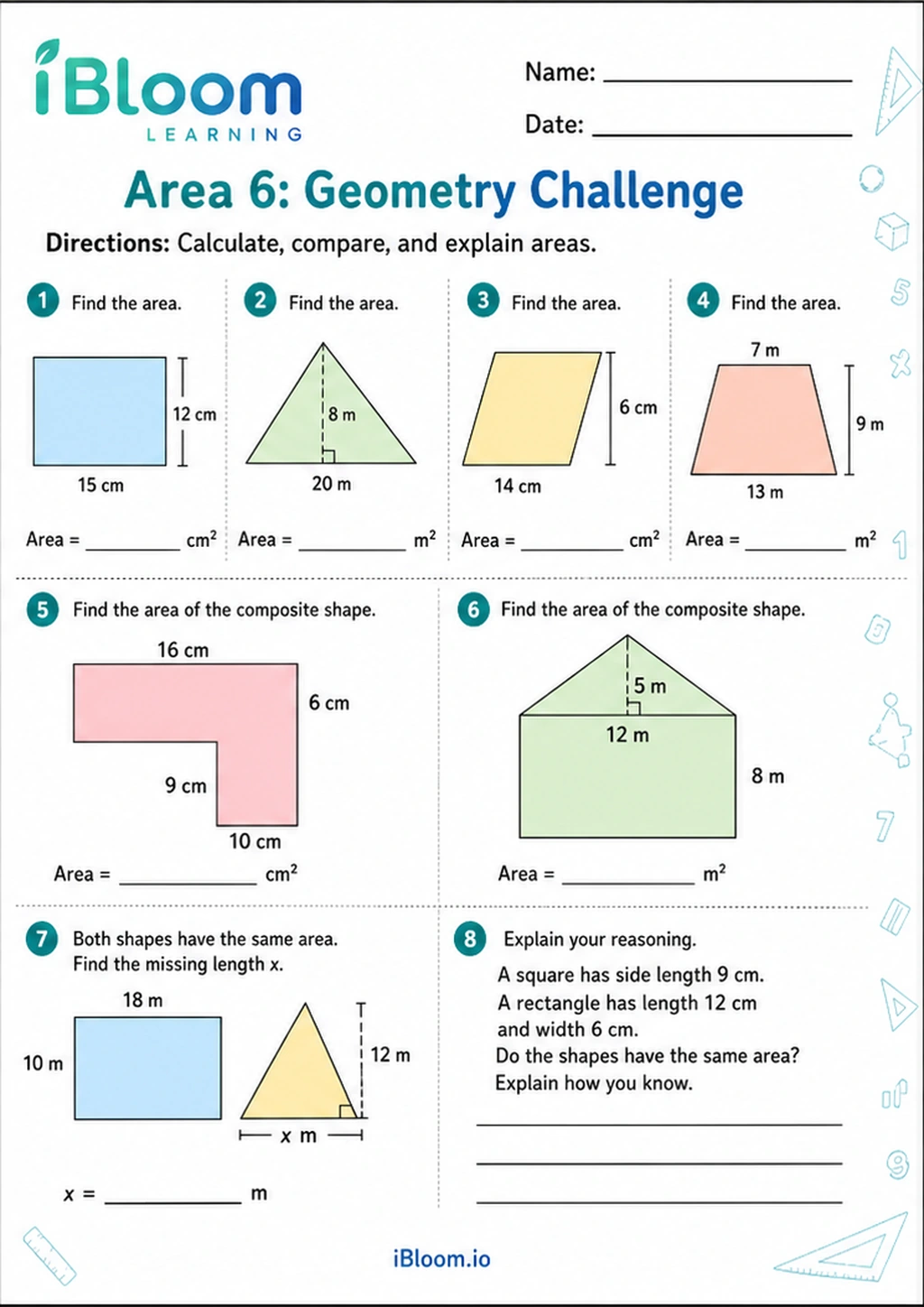 Preview of Area 6: Geometry Challenge worksheet