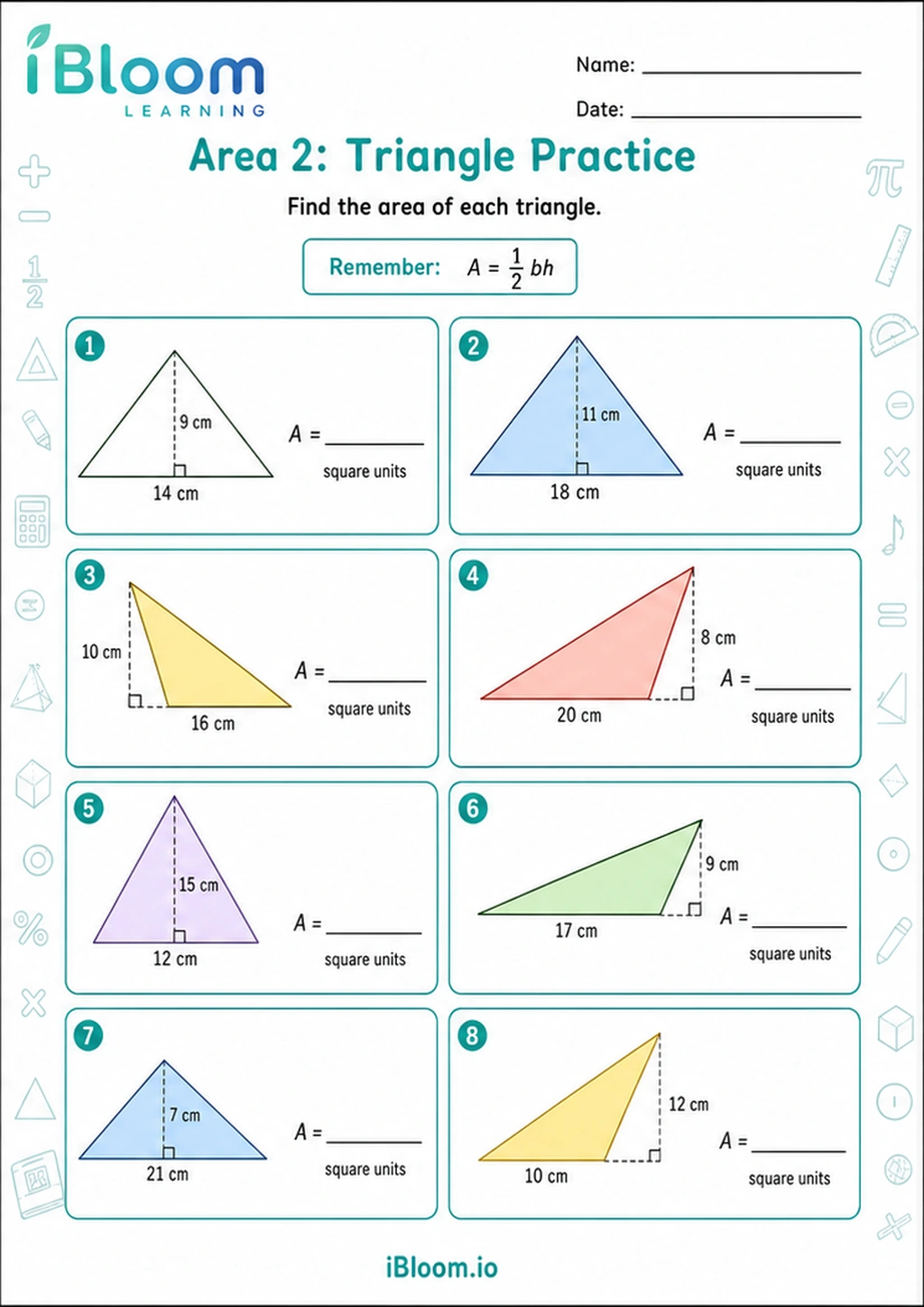 Area 2: Triangle Practice printable Class 6 mathematics worksheet
