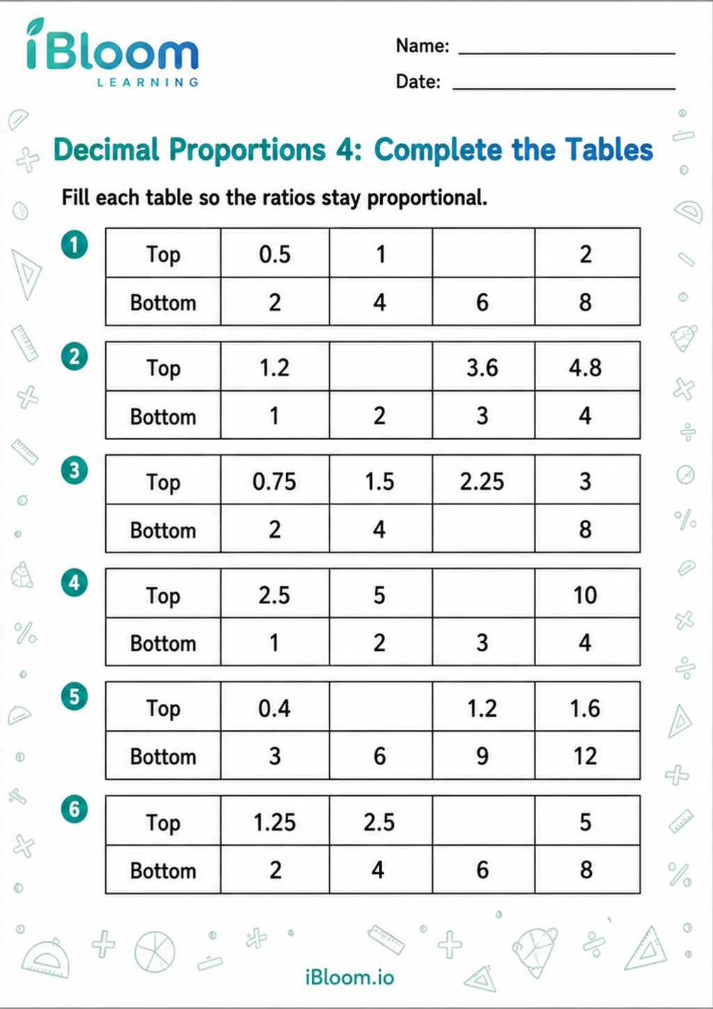 Preview of Decimal Proportions 4: Complete the Tables worksheet