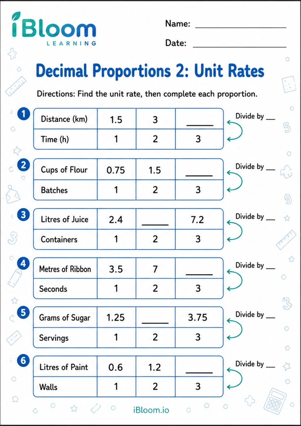 Preview of Decimal Proportions 2: Unit Rates worksheet