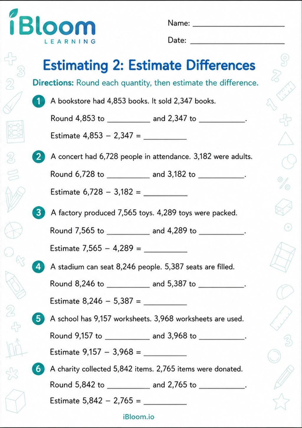 Estimating 2: Estimate Differences printable Class 5 mathematics worksheet