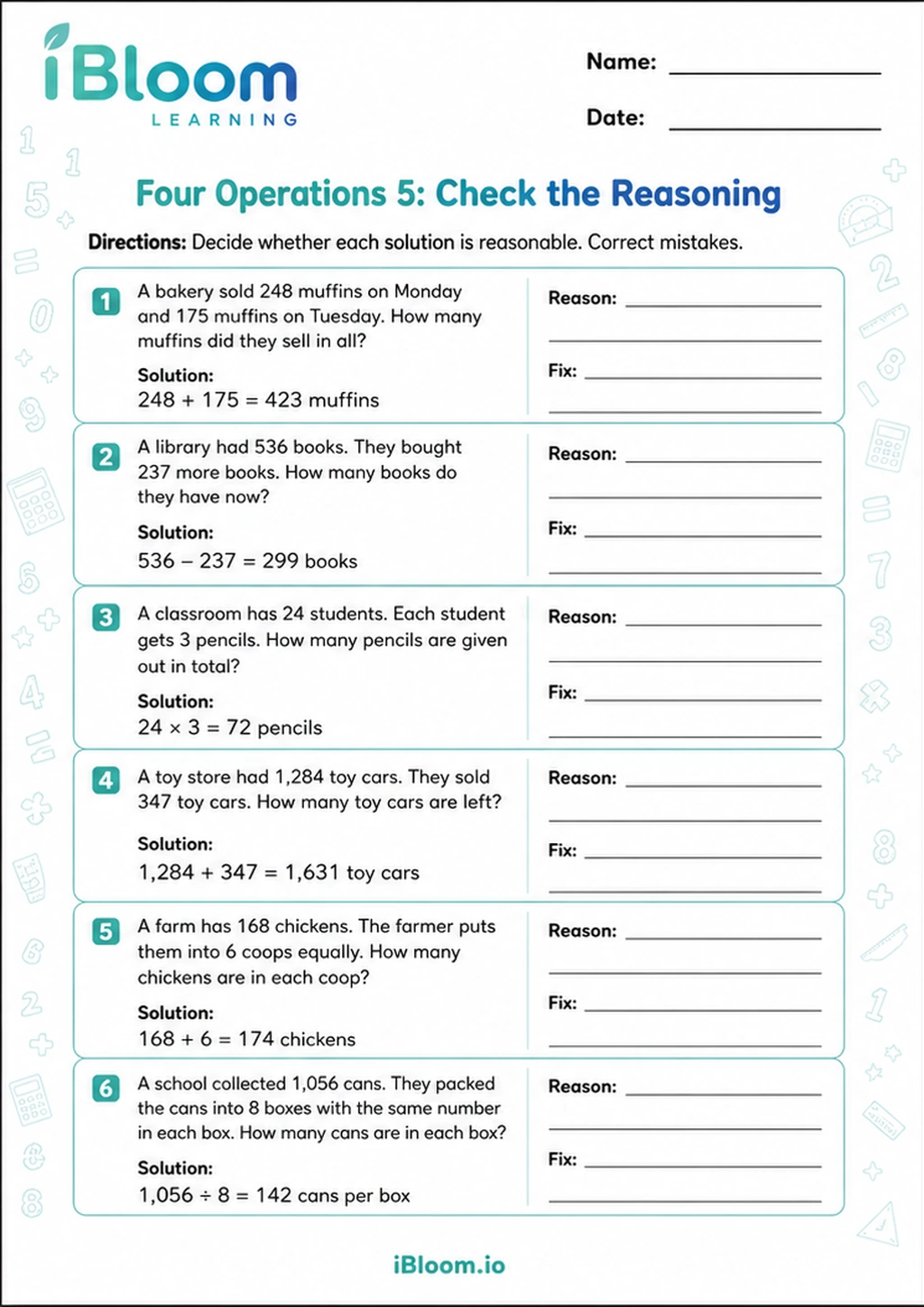 Preview of Four Operations 5: Check the Reasoning worksheet