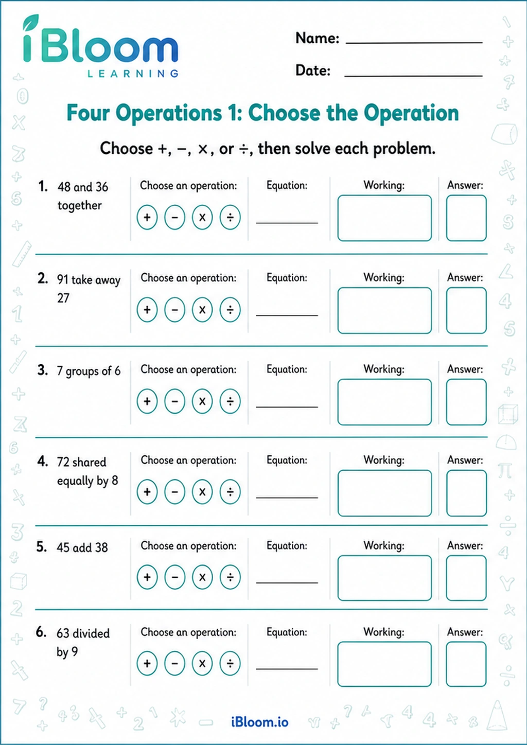 Four Operations 1: Choose the Operation printable Class 5 mathematics worksheet