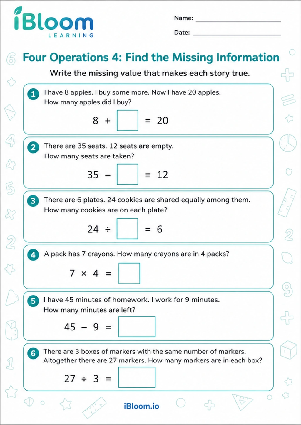 Preview page 1 of Four Operations 4: Find the Missing Information