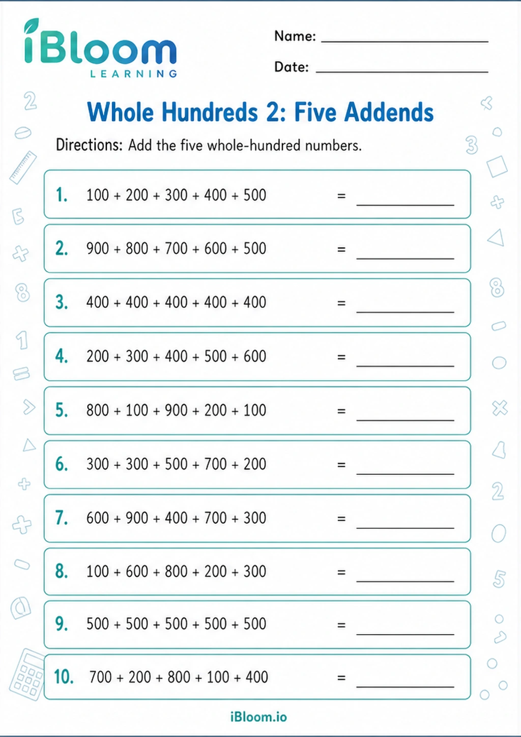 Preview of Whole Hundreds 2: Five Addends worksheet