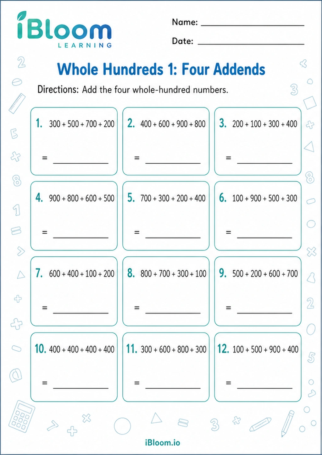 Preview of Whole Hundreds 1: Four Addends worksheet