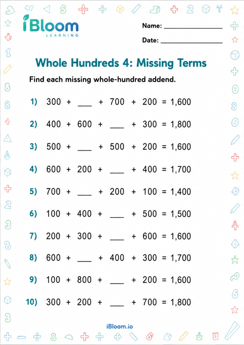 Preview page 1 of Whole Hundreds 4: Missing Terms
