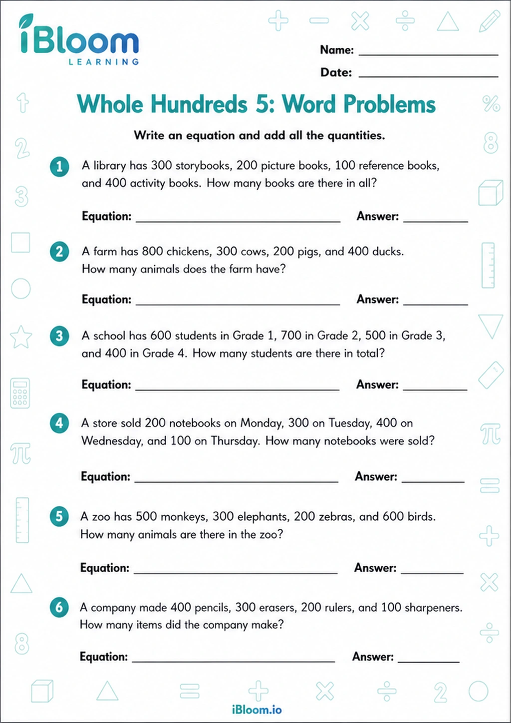 Preview of Whole Hundreds 5: Word Problems worksheet