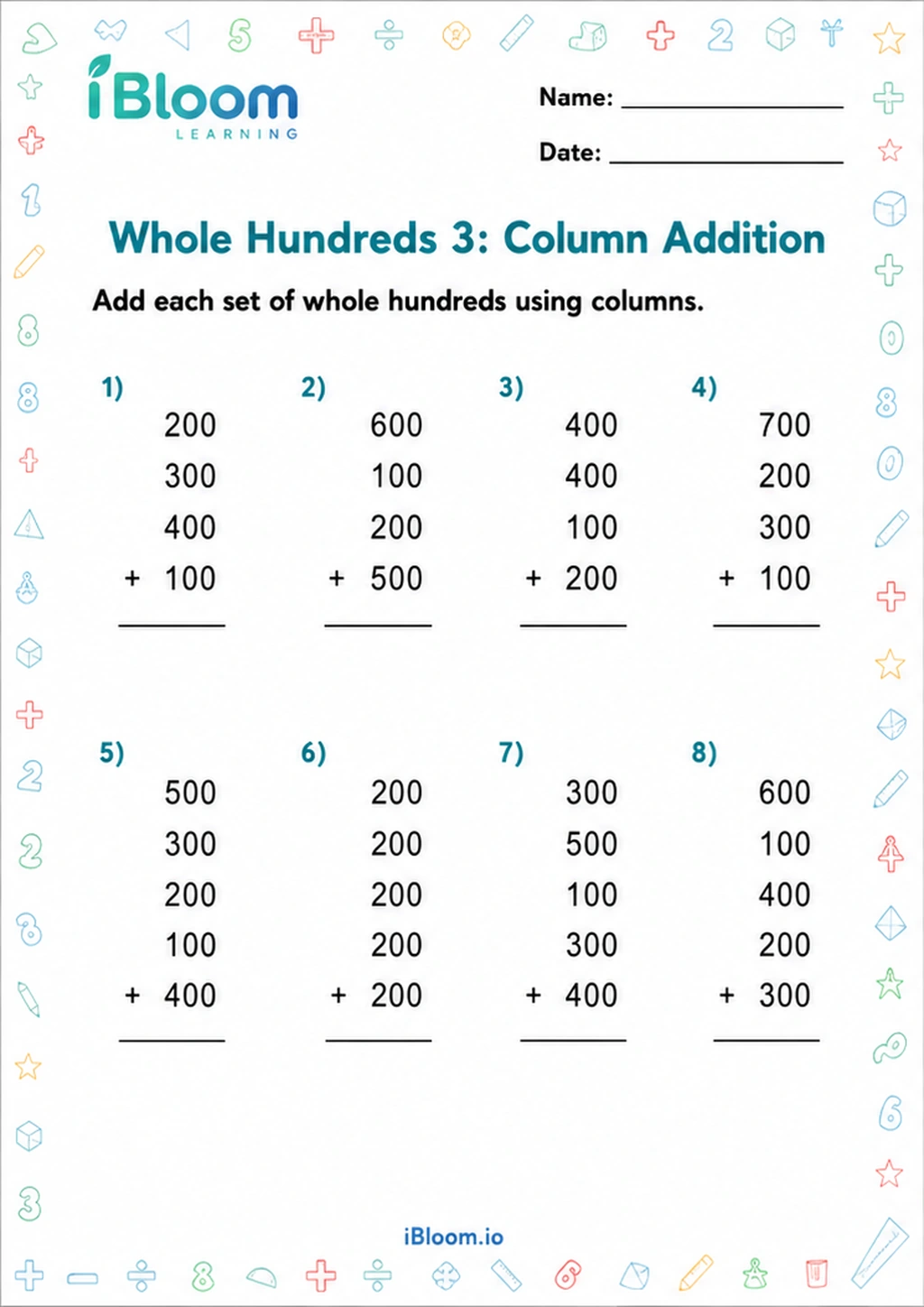 Preview page 1 of Whole Hundreds 3: Column Addition