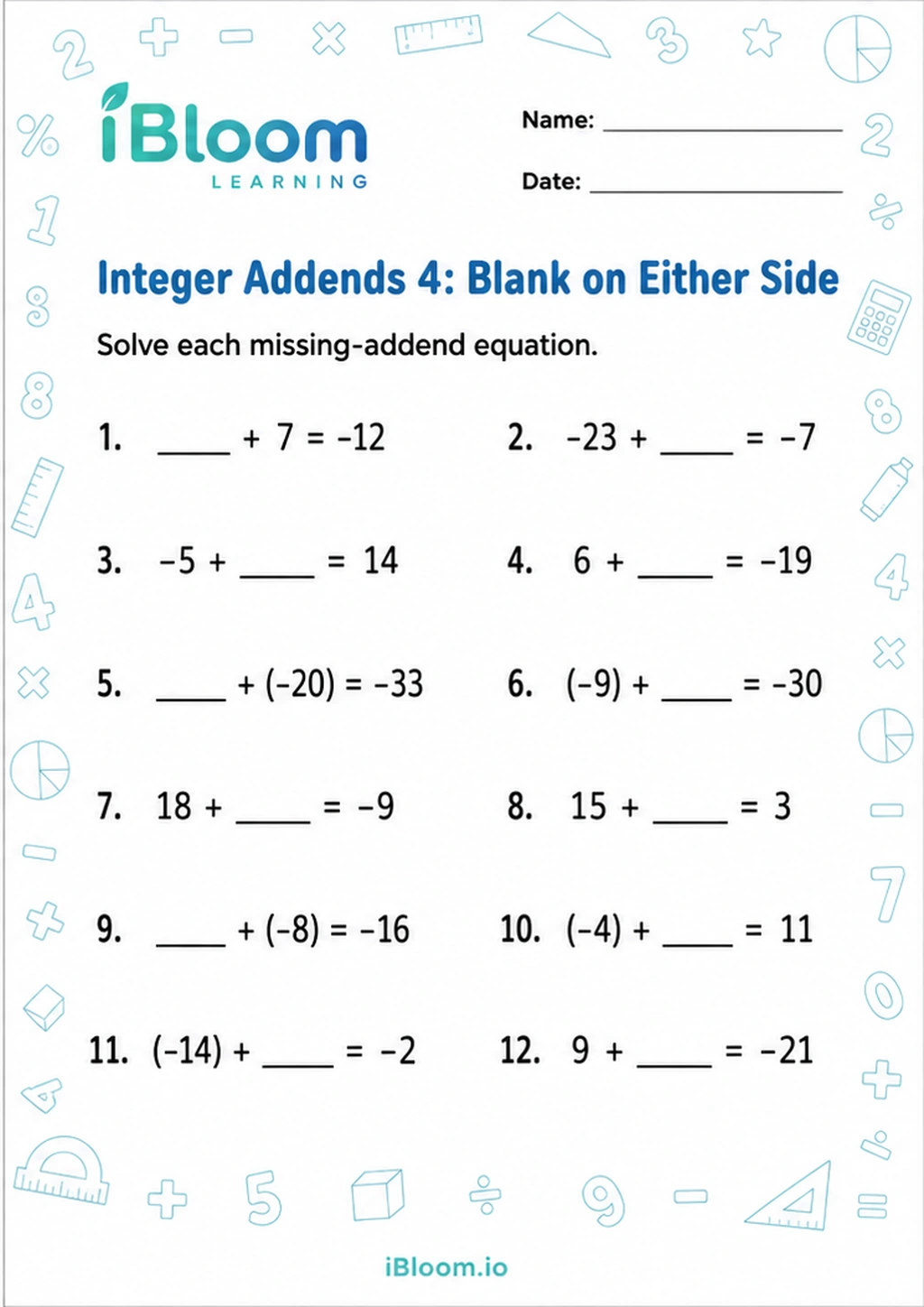 Preview page 1 of Integer Addends 4: Blank on Either Side