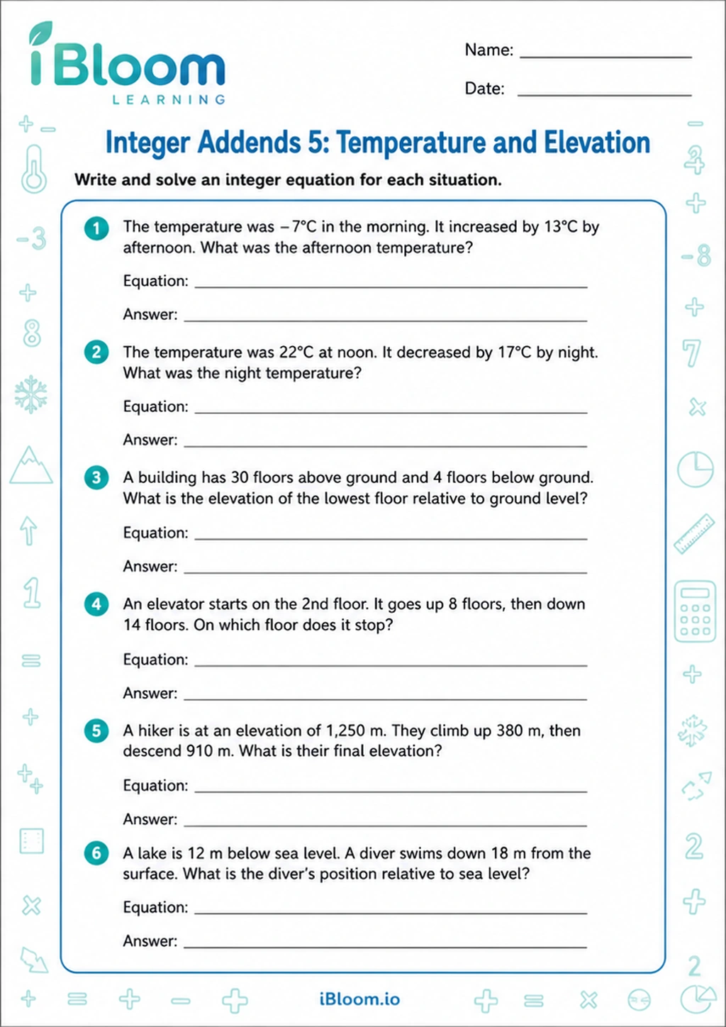 Preview page 1 of Integer Addends 5: Temperature and Elevation