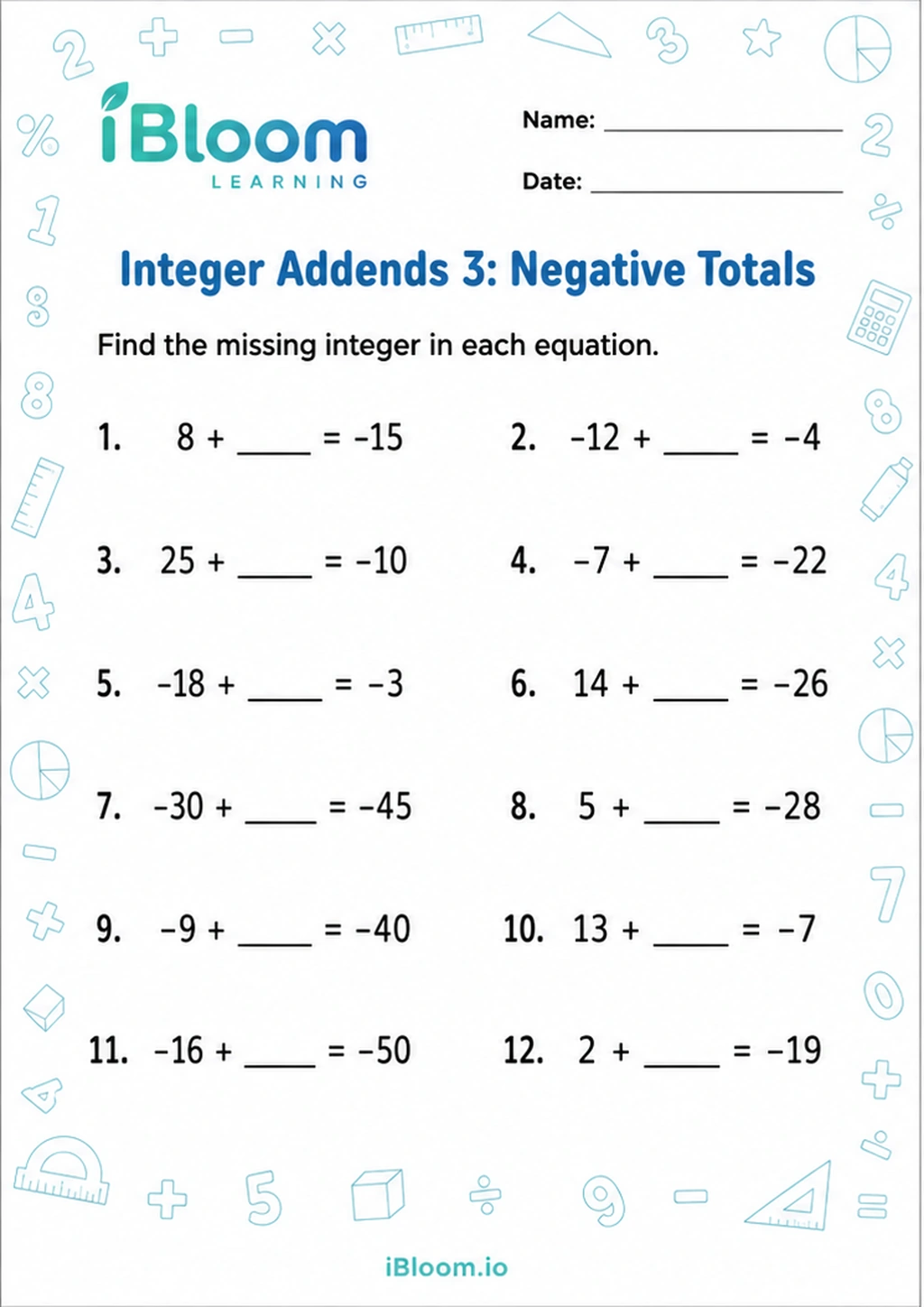 Preview of Integer Addends 3: Negative Totals worksheet