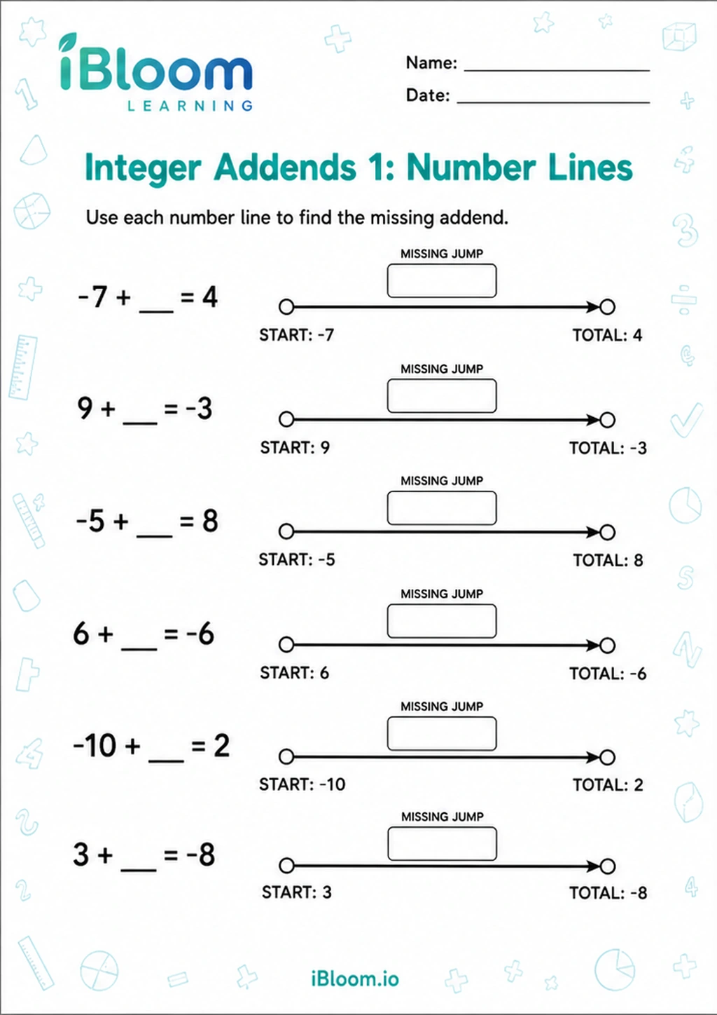 Preview page 1 of Integer Addends 1: Number Lines