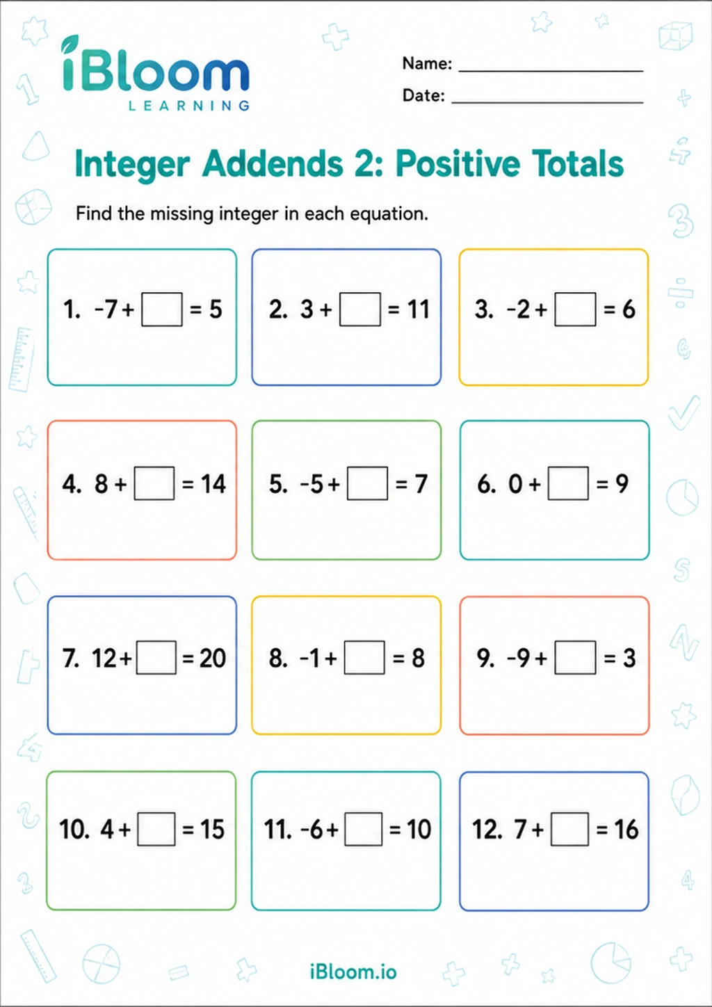 Preview of Integer Addends 2: Positive Totals worksheet
