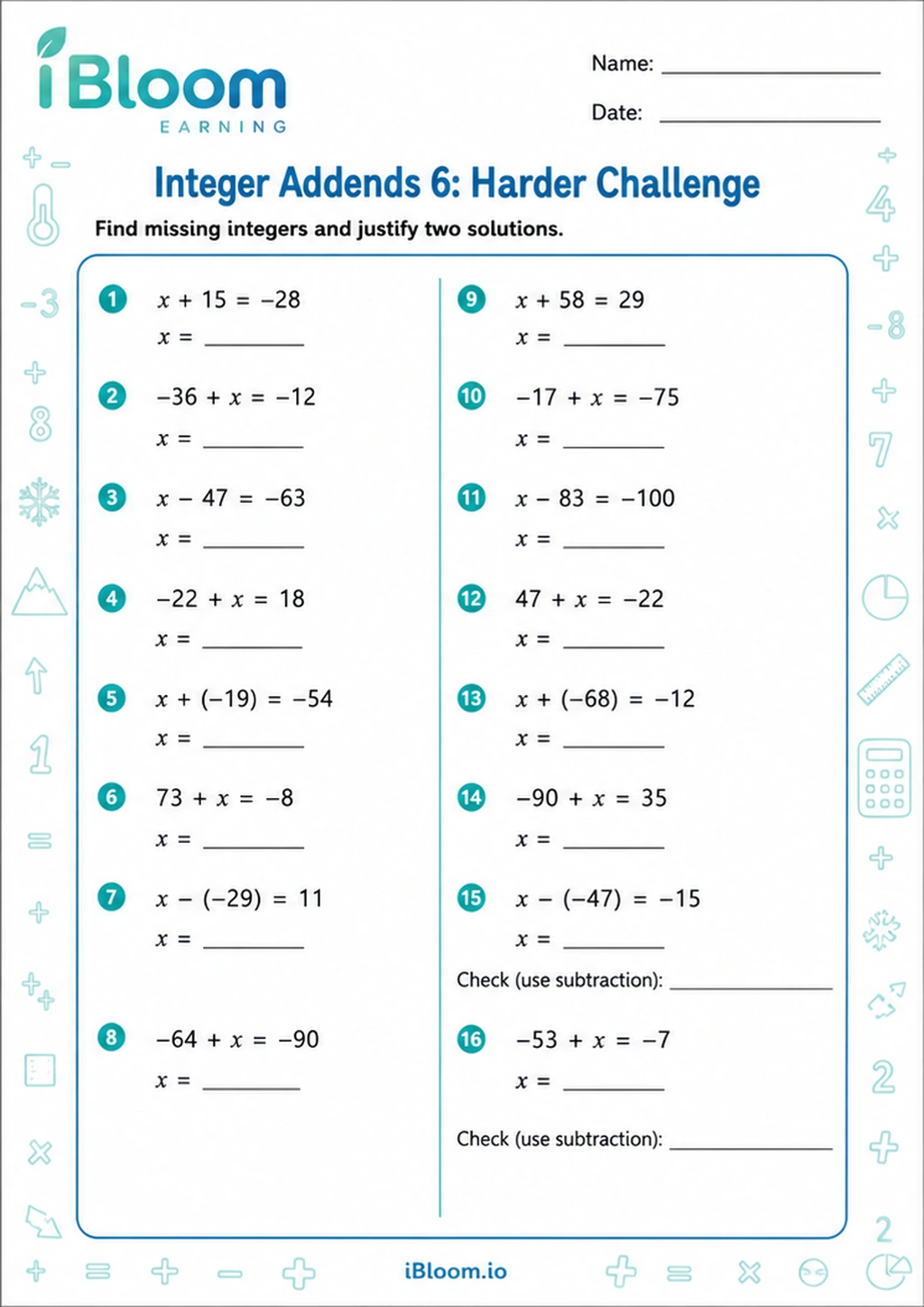 Preview of Integer Addends 6: Harder Challenge worksheet