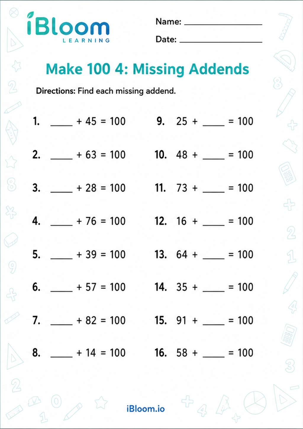 Preview of Make 100 4: Missing Addends worksheet