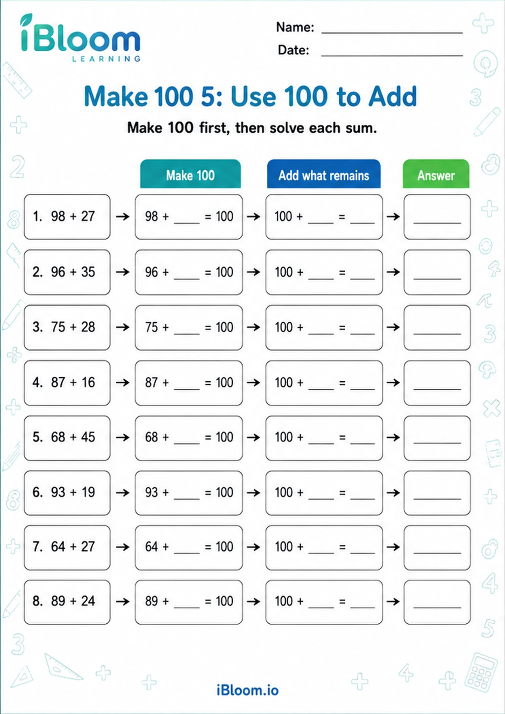 Make 100 5: Use 100 to Add printable Class 4 mathematics worksheet