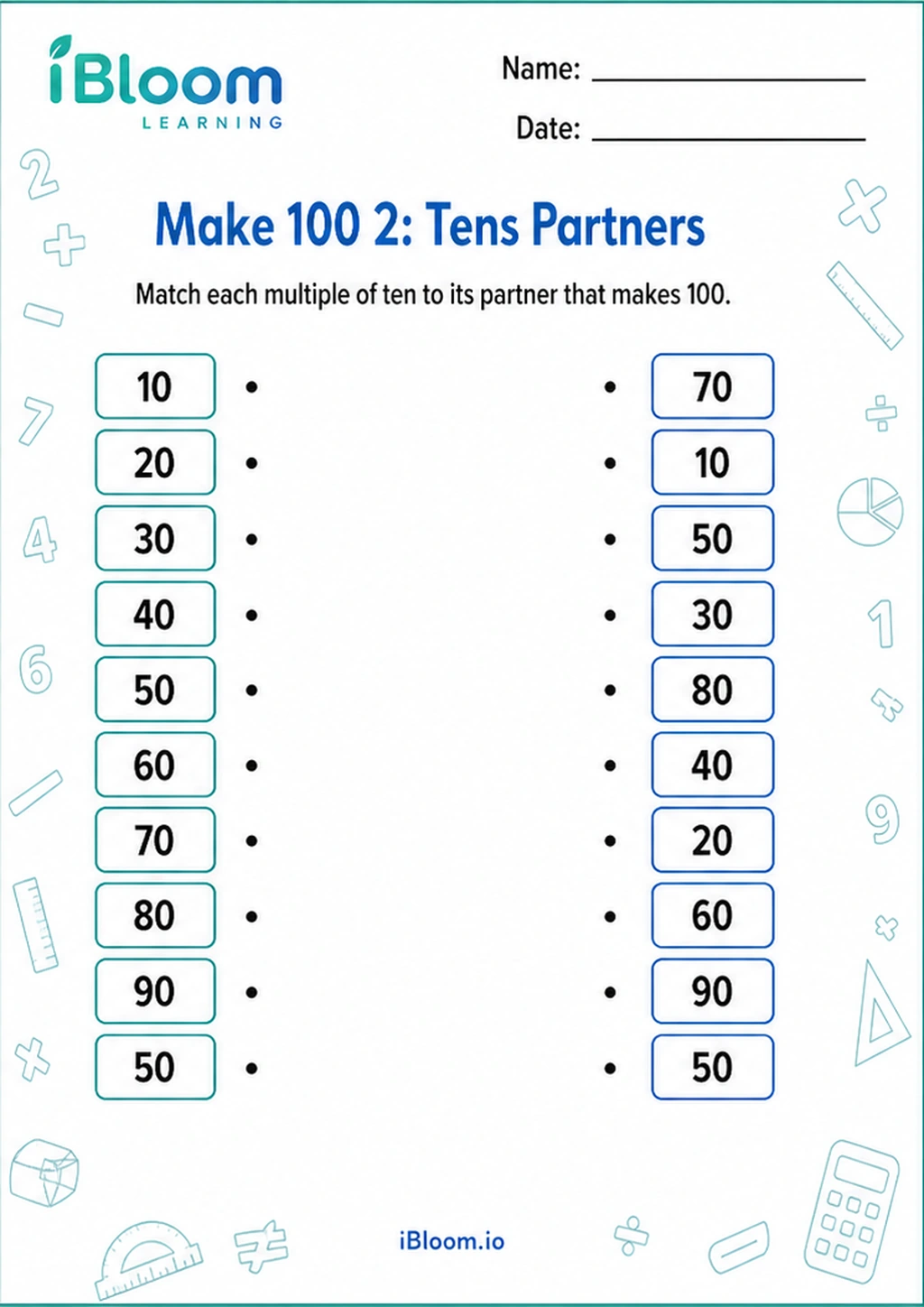 Preview of Make 100 2: Tens Partners worksheet