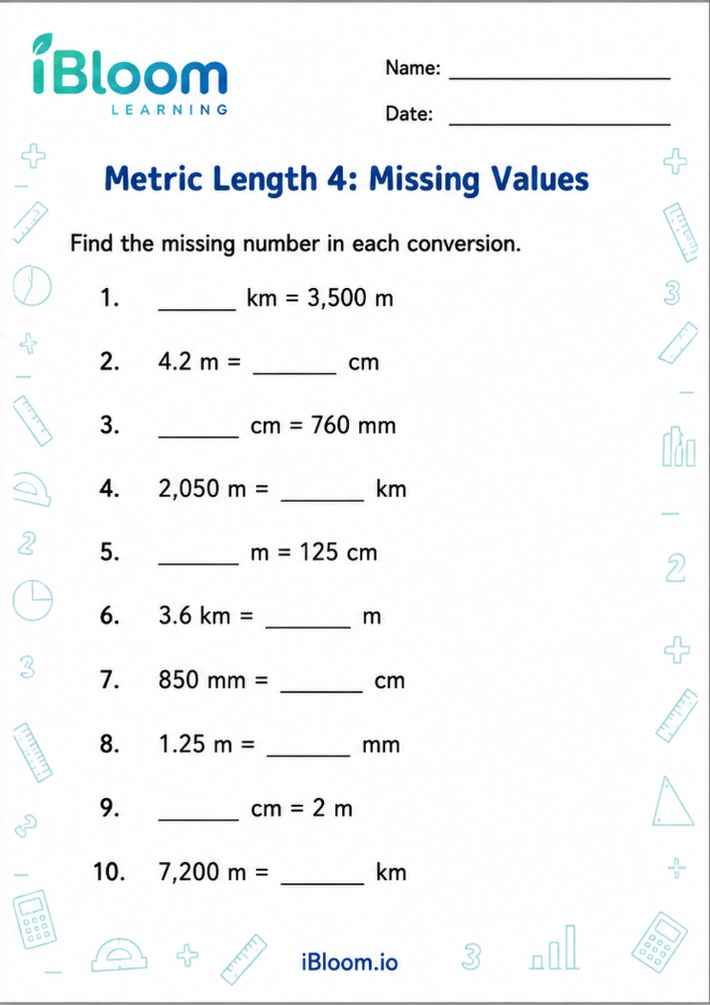Preview of Metric Length 4: Missing Values worksheet