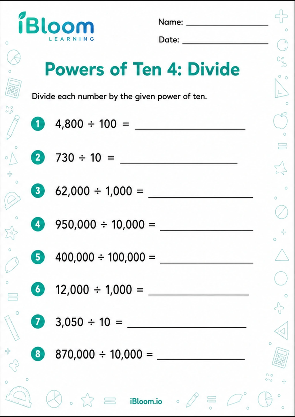 Preview of Powers of Ten 4: Divide worksheet
