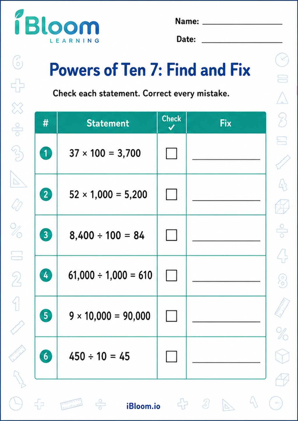 Powers of Ten 7: Find and Fix printable Class 5 mathematics worksheet