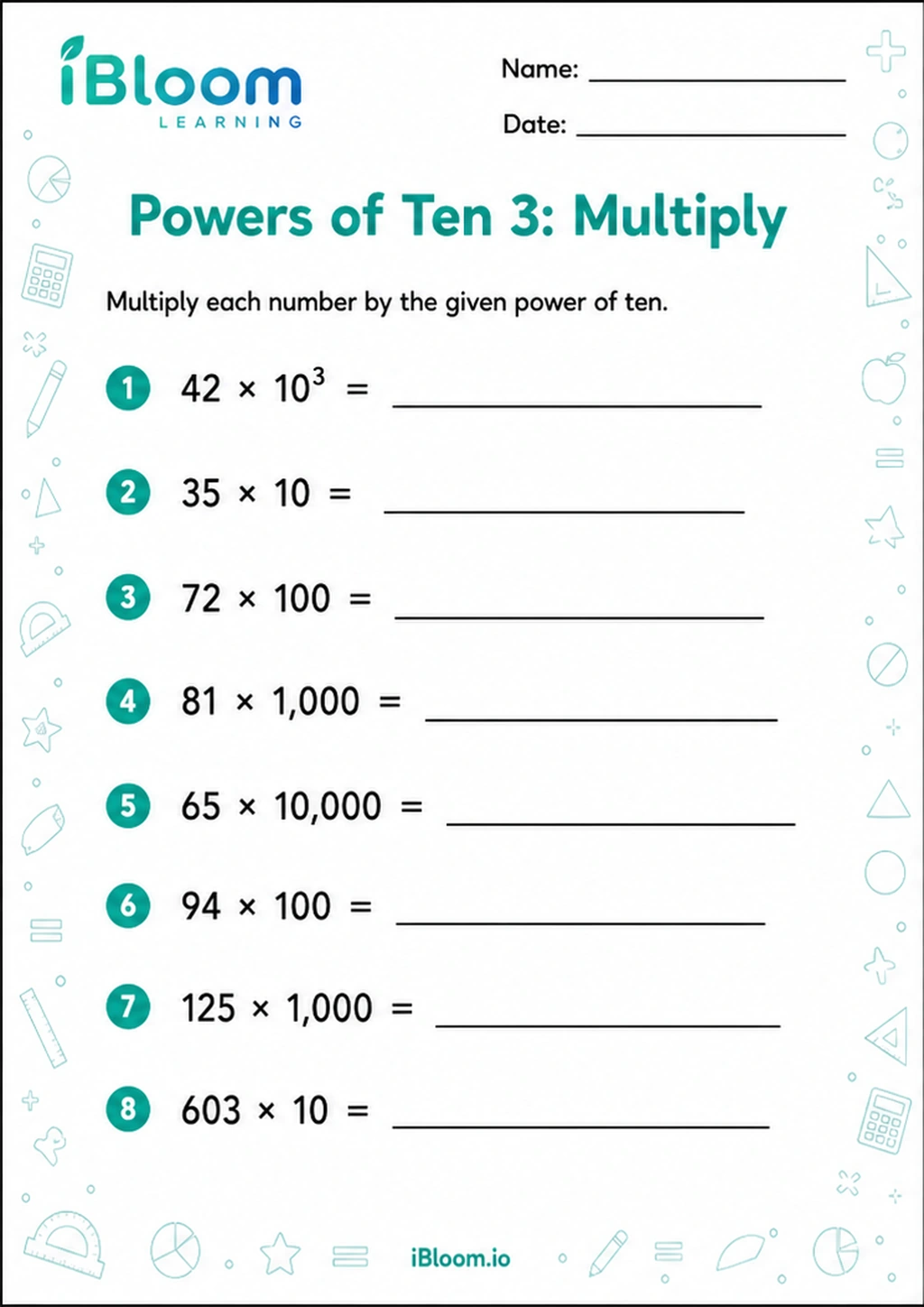 Powers of Ten 3: Multiply printable Class 5 mathematics worksheet