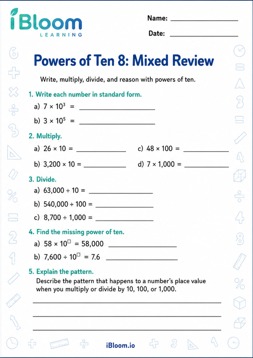 Preview page 1 of Powers of Ten 8: Mixed Review