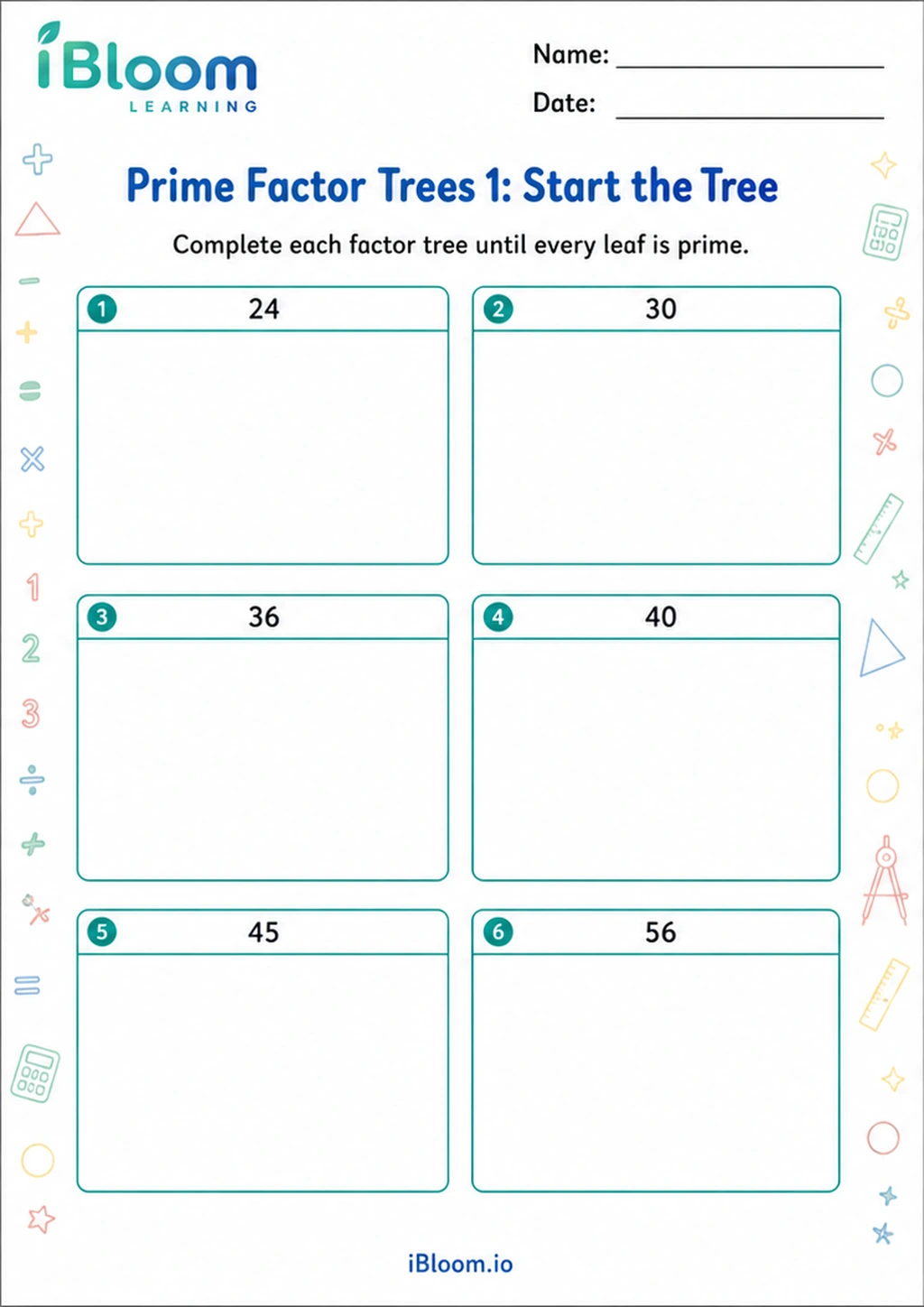 Prime Factor Trees 1: Start the Tree printable Class 5 mathematics worksheet