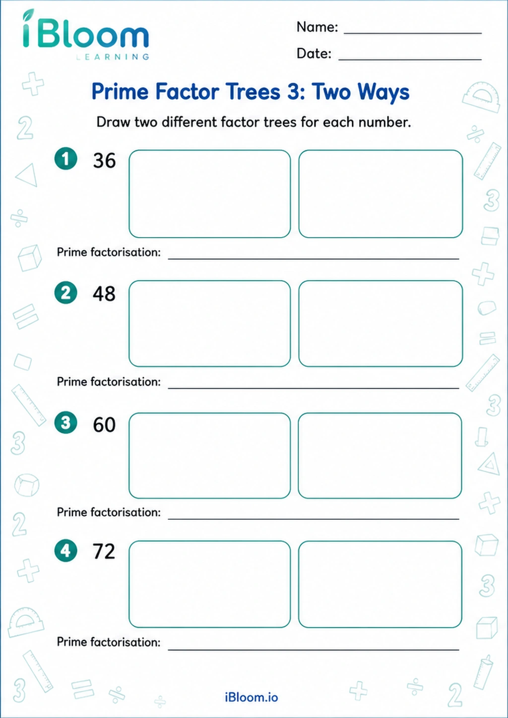 Prime Factor Trees 3: Two Ways printable Class 5 mathematics worksheet