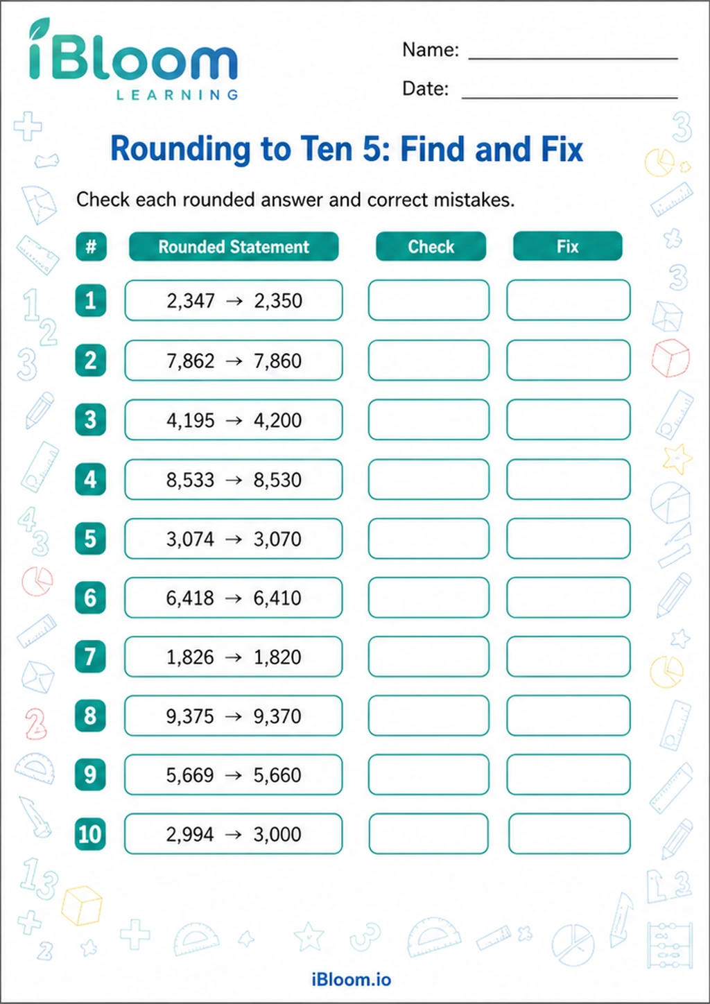 Preview of Rounding to Ten 5: Find and Fix worksheet
