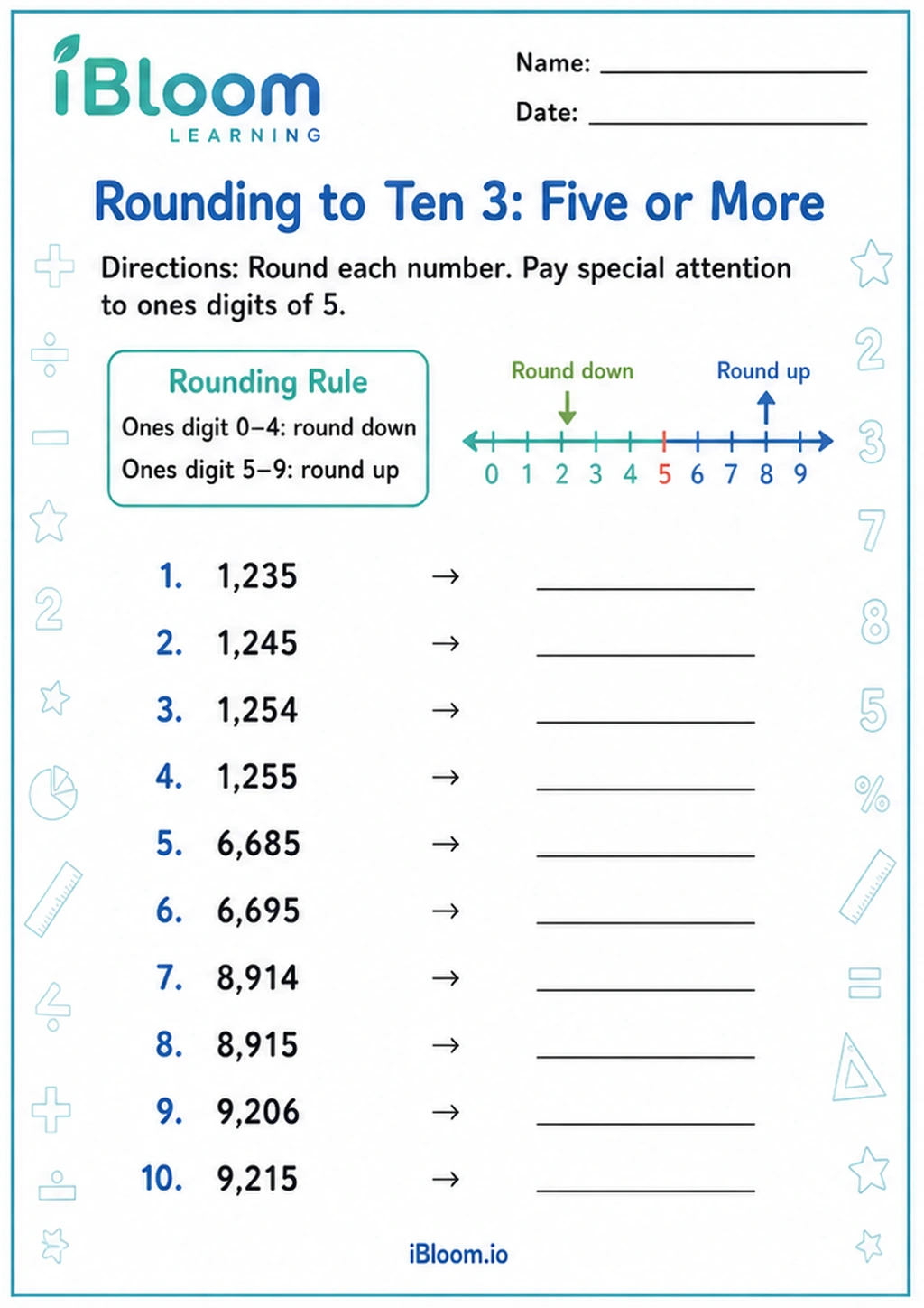 Preview of Rounding to Ten 3: Five or More worksheet