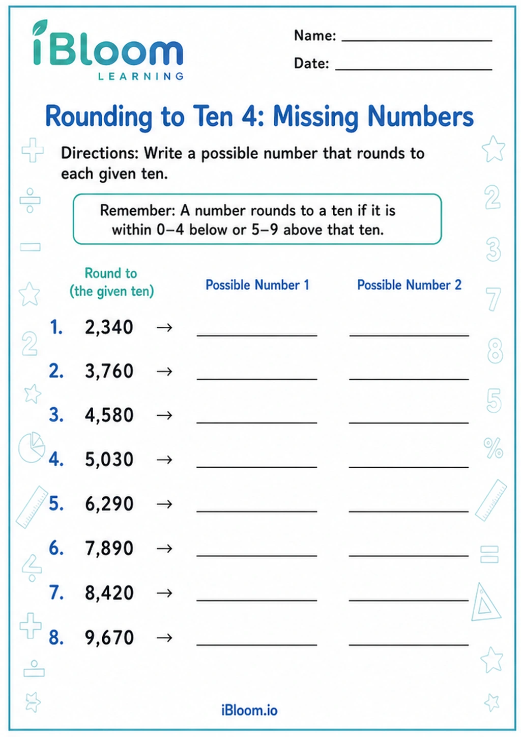 Rounding to Ten 4: Missing Numbers printable Class 5 mathematics worksheet