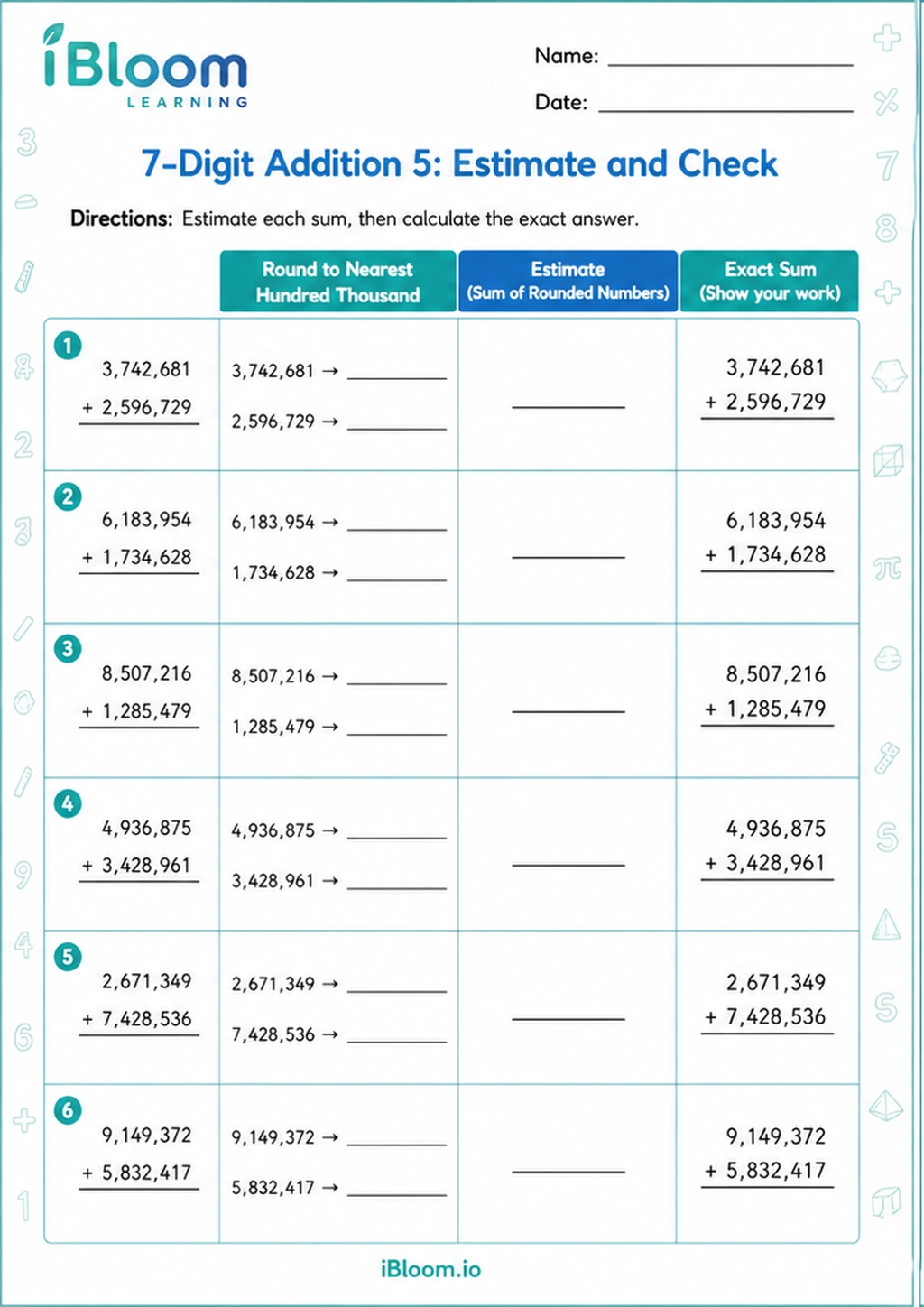 Preview of 7-Digit Addition 5: Estimate and Check worksheet