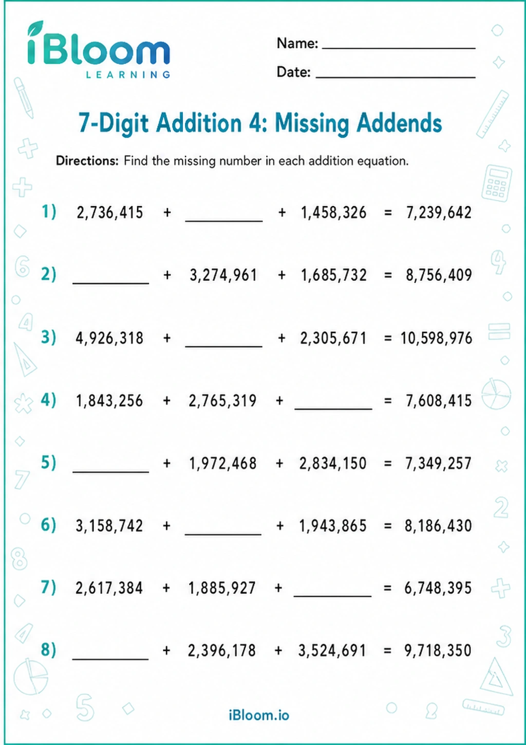 Preview page 1 of 7-Digit Addition 4: Missing Addends