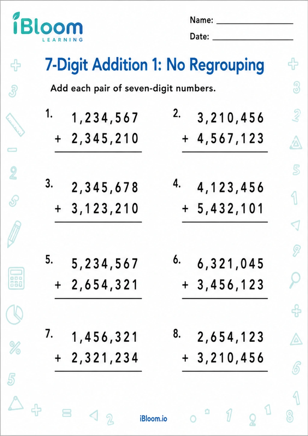 Preview of 7-Digit Addition 1: No Regrouping worksheet