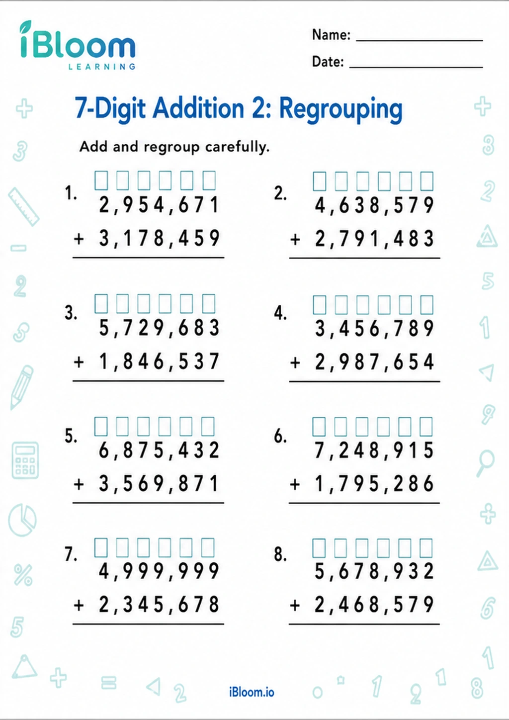 Preview page 1 of 7-Digit Addition 2: Regrouping