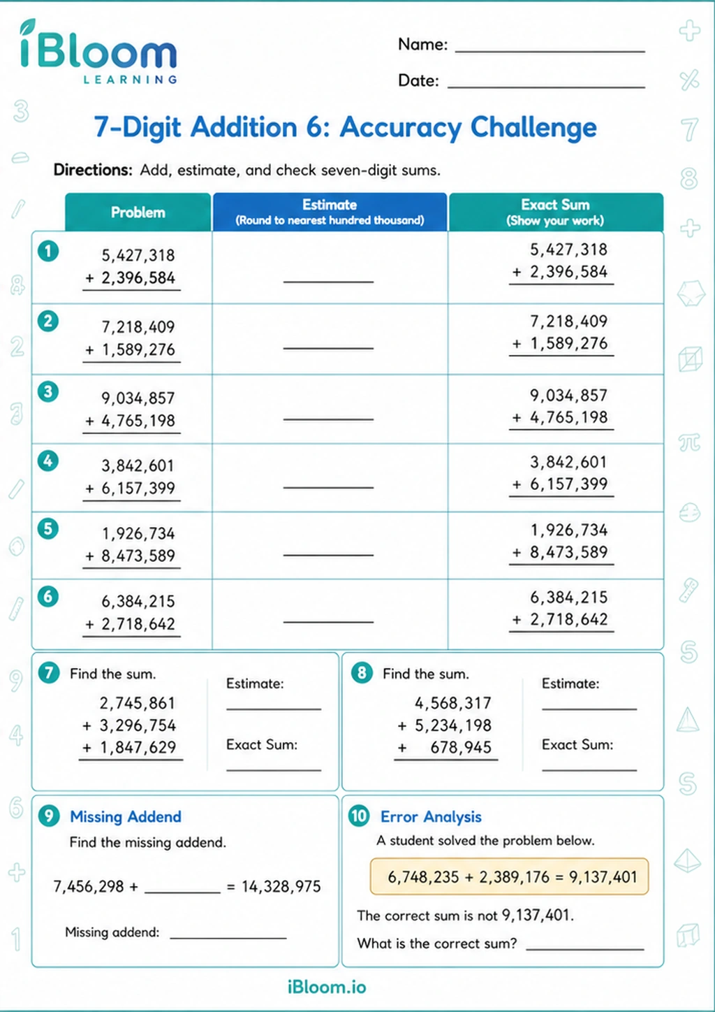 7-Digit Addition 6: Accuracy Challenge printable Class 6 mathematics worksheet