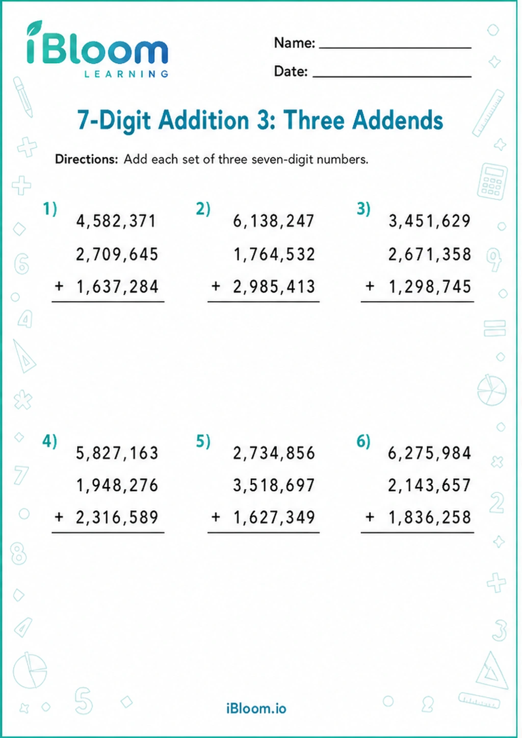 Preview page 1 of 7-Digit Addition 3: Three Addends