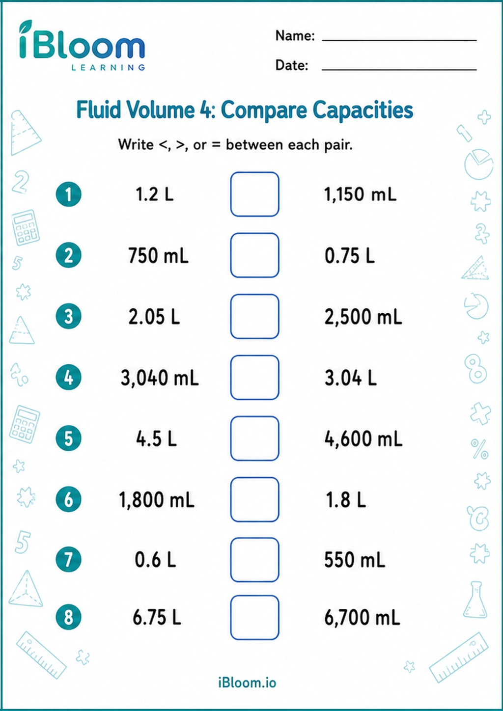 Fluid Volume 4: Compare Capacities printable Class 5 mathematics worksheet