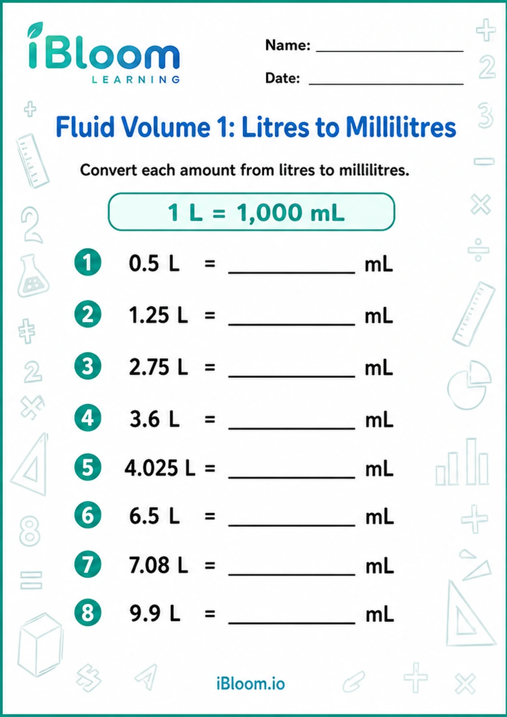 Preview of Fluid Volume 1: Litres to Millilitres worksheet