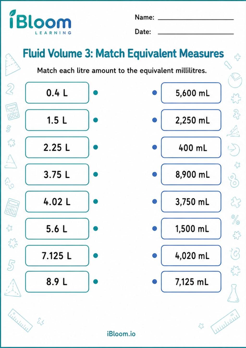 Preview of Fluid Volume 3: Match Equivalent Measures worksheet