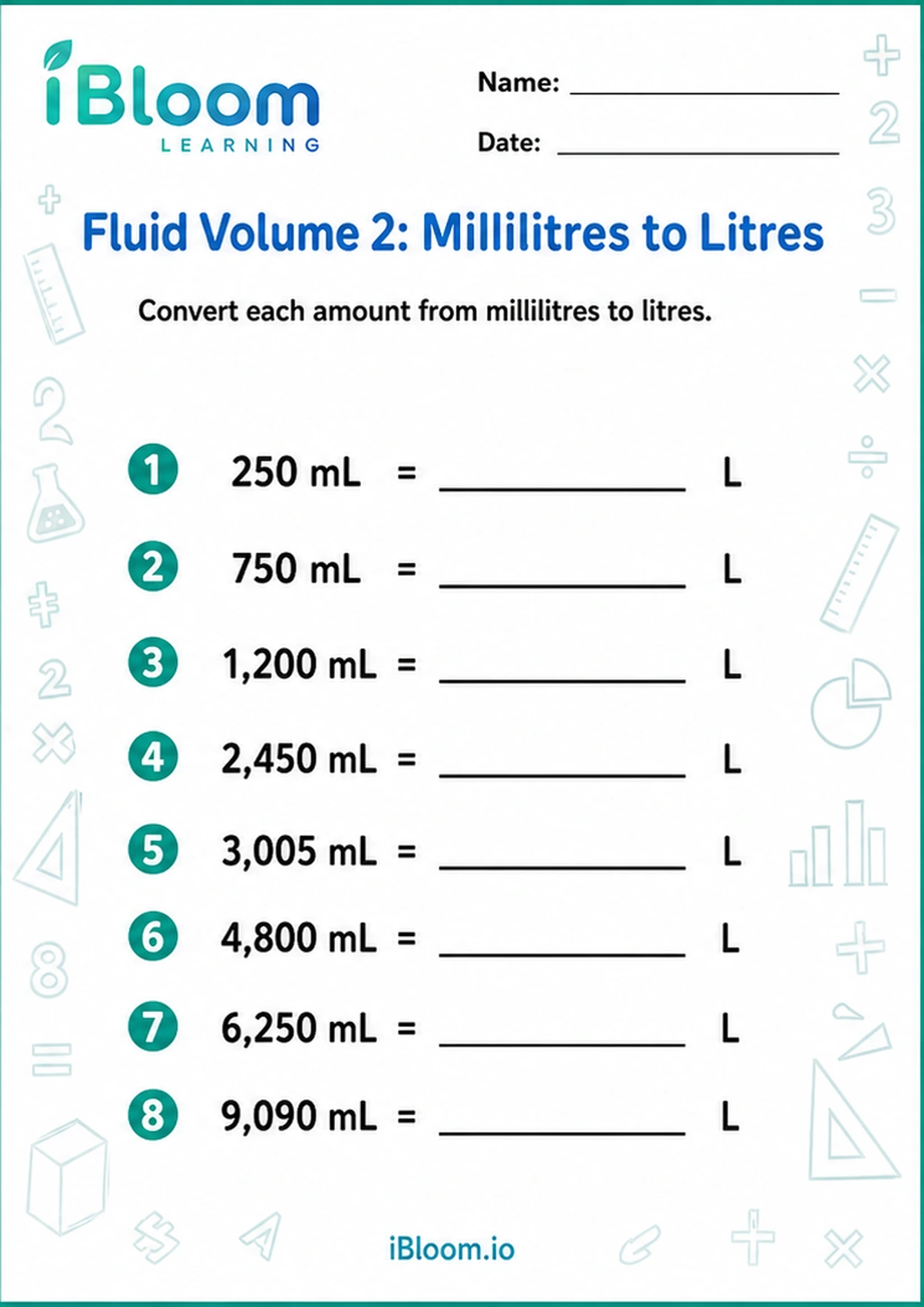 Preview page 1 of Fluid Volume 2: Millilitres to Litres