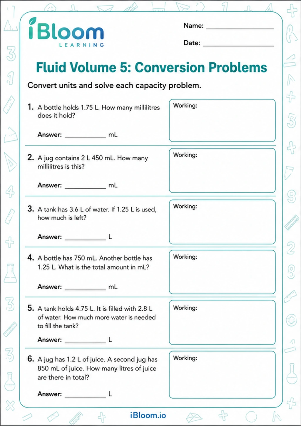 Fluid Volume 5: Conversion Problems printable Class 5 mathematics worksheet