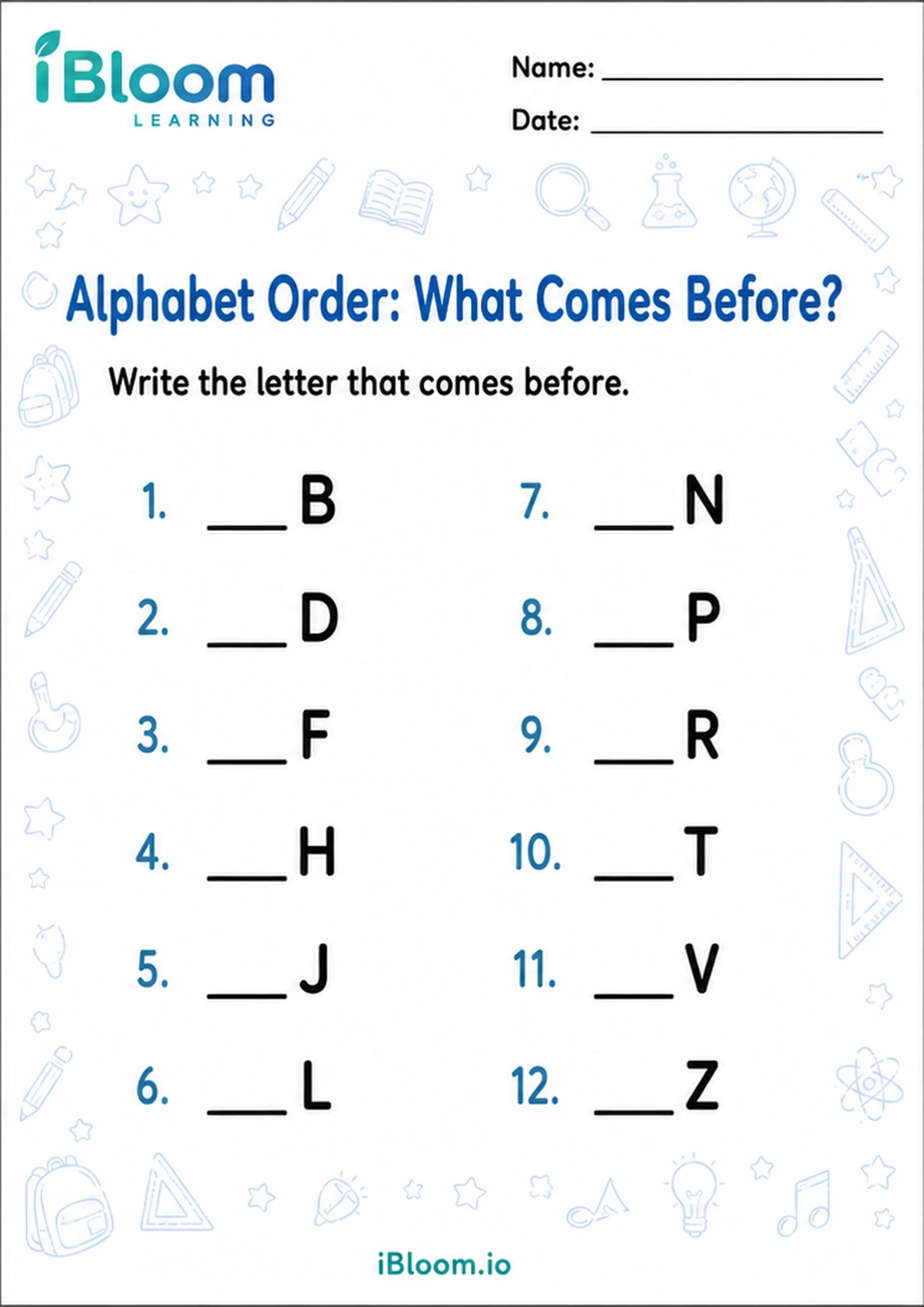 Preview of Alphabet Order: What Comes Before? worksheet